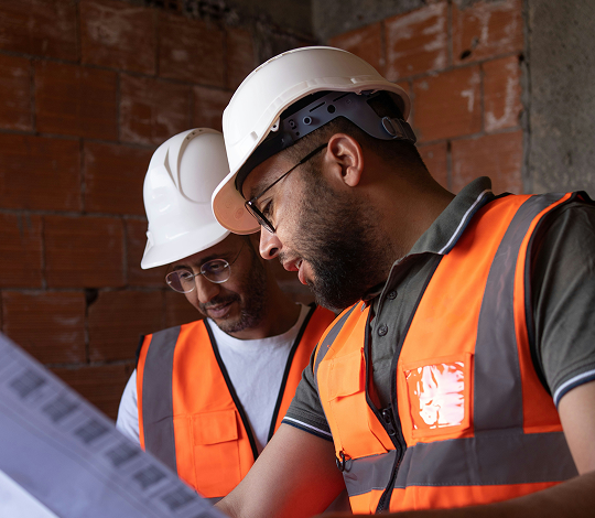 Construction professionals reviewing blueprints